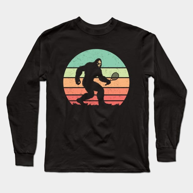 Bigfoot Sasquatch Playing Tennis Vintage Distressed Sunset Sport Long Sleeve T-Shirt by Cuteness Klub